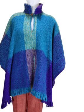 Vintage Hand Knit Wool Poncho Cape Blue Purple Fringe Boho Oversized